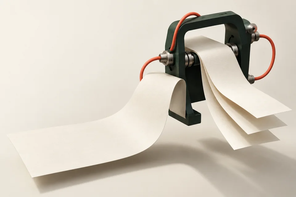 Conceptual sculpture of cream paper passing through a dark green guide connected by coral cables.