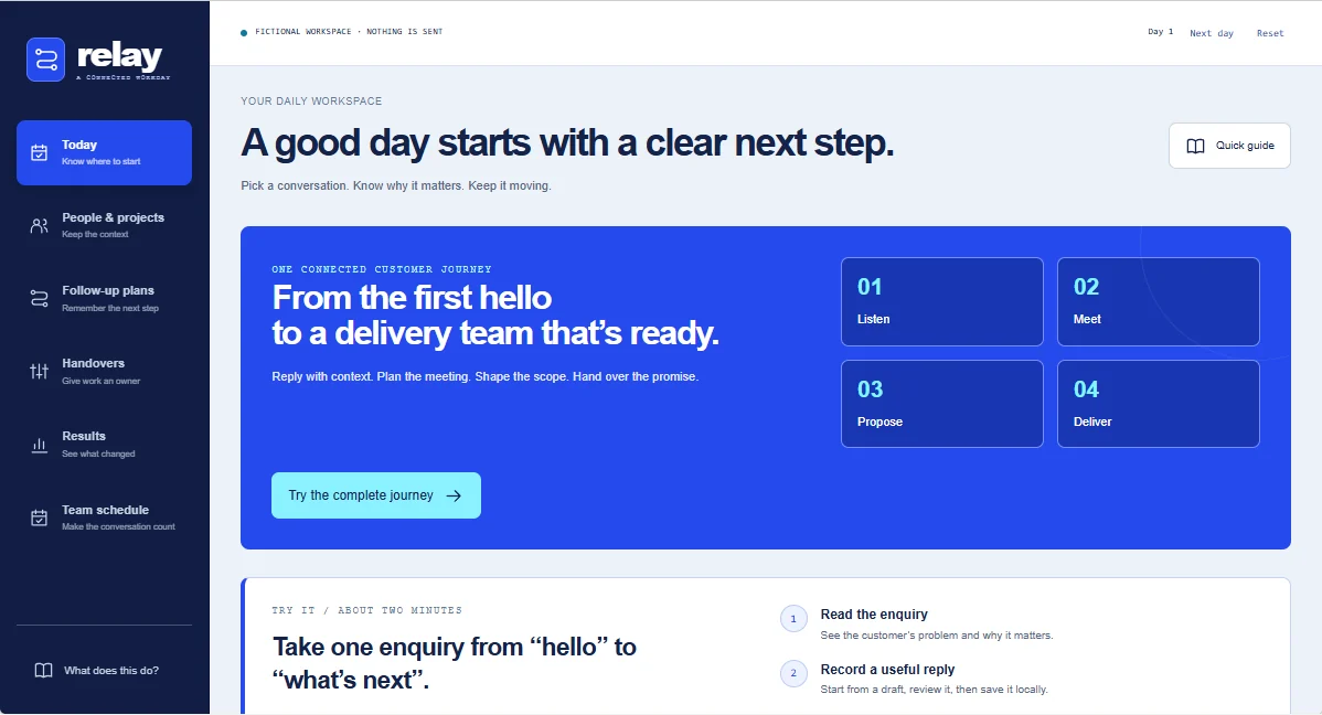 Relay workspace design with a daily view, follow-up plans and sample activity.