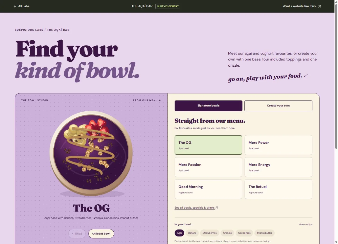 The Bowl Studio showing a colourful açaí bowl and ingredients to customise it