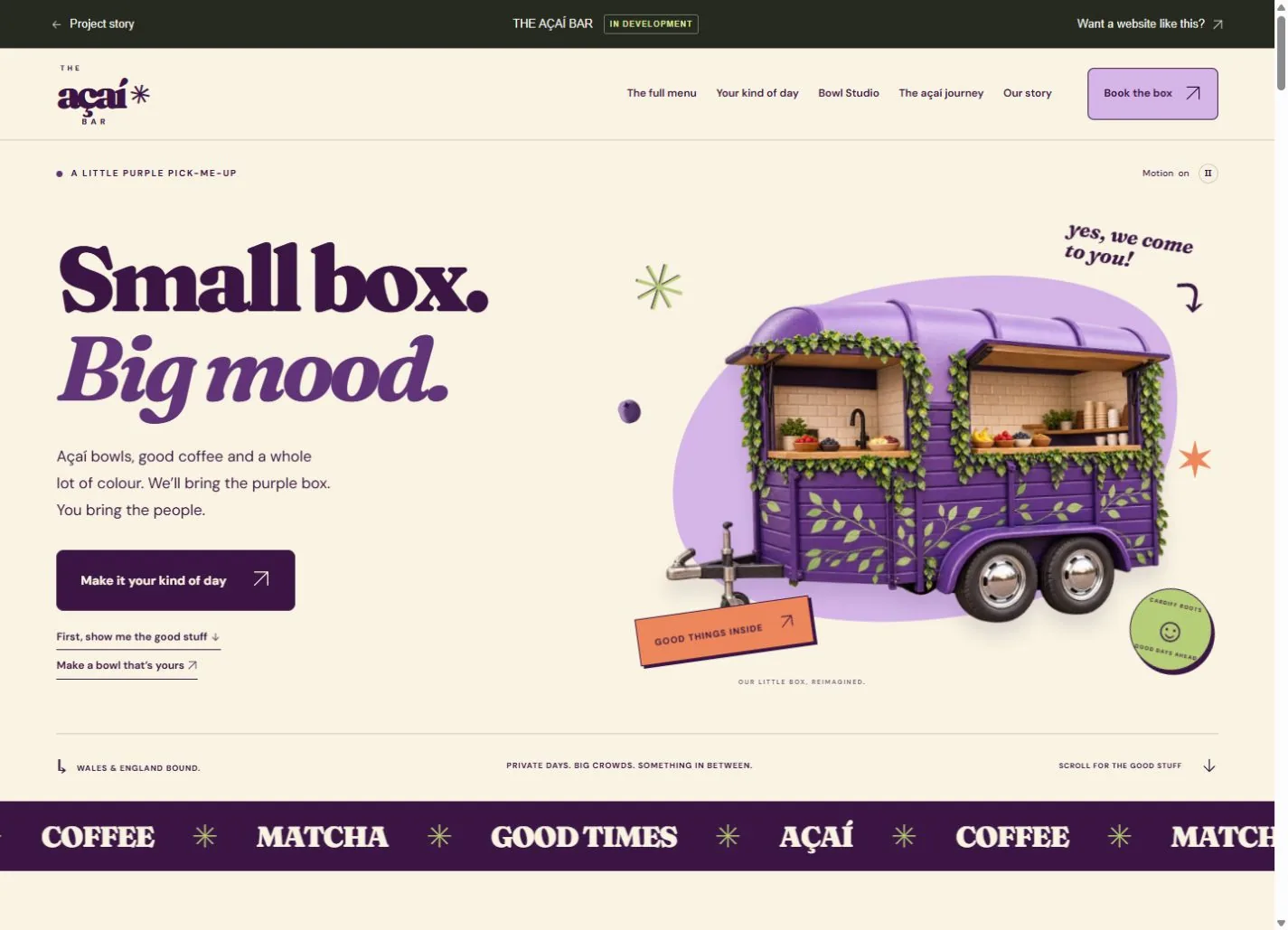 The Açaí Bar homepage with its Small box. Big mood. headline and purple horsebox illustration