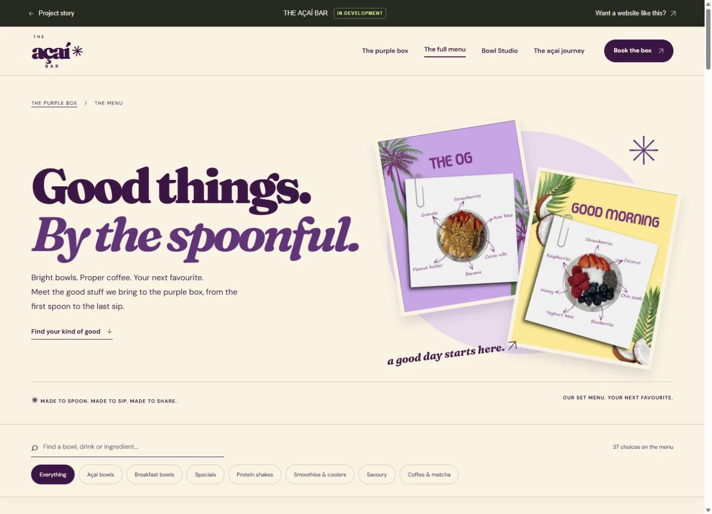The full menu with category filters, food photography and ingredient details