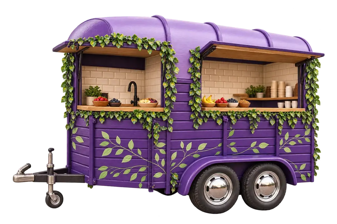 Our illustrated purple horsebox, ready for your occasion