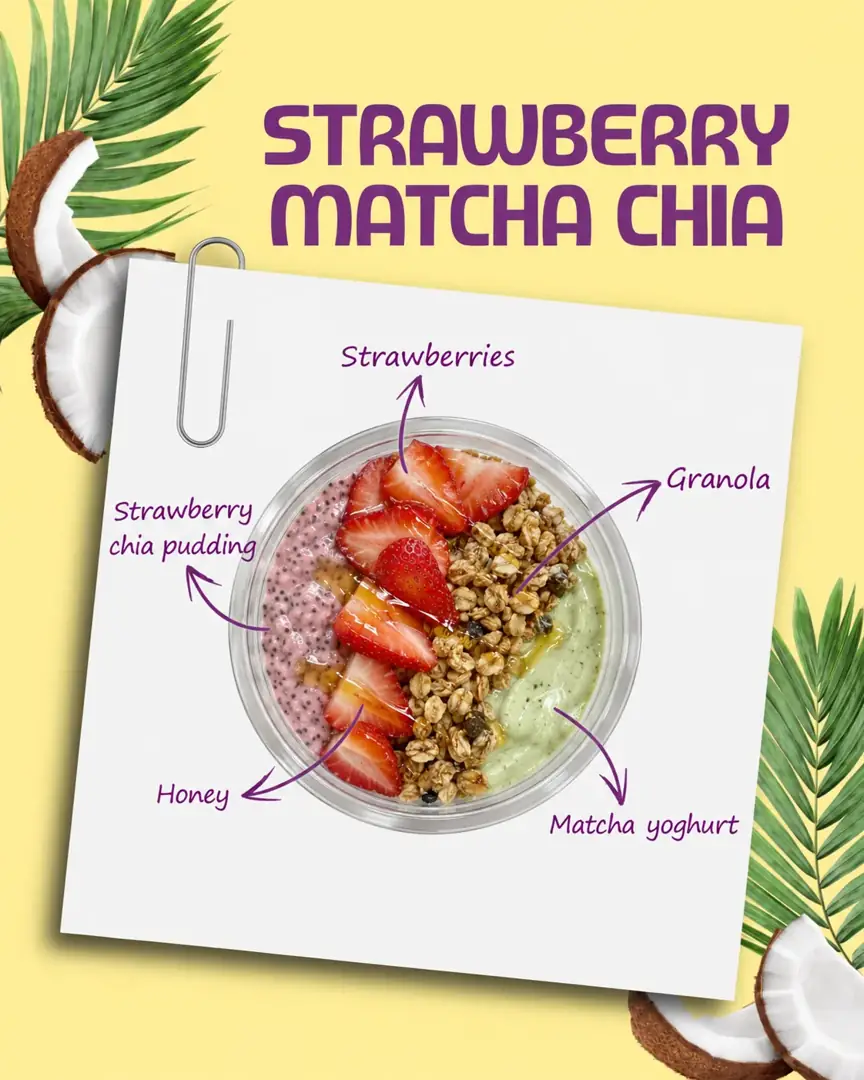 Strawberry Matcha Chia bowl with labelled ingredients