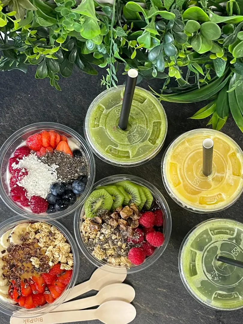 A selection of colourful bowls and drinks