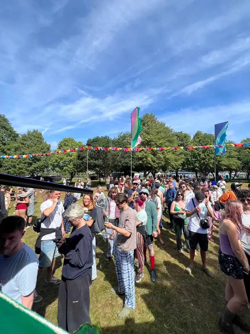 The view from the horsebox across a sunny festival crowd