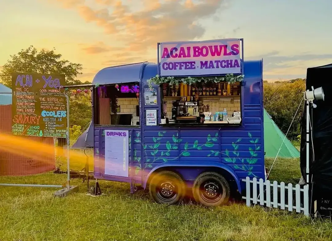 The purple horsebox in the evening sunshine